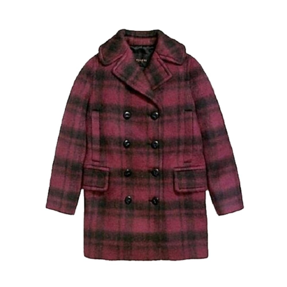 Coach Women Black Burgundy Plaid Wool Blend Oversized Double Breasted Peacoat